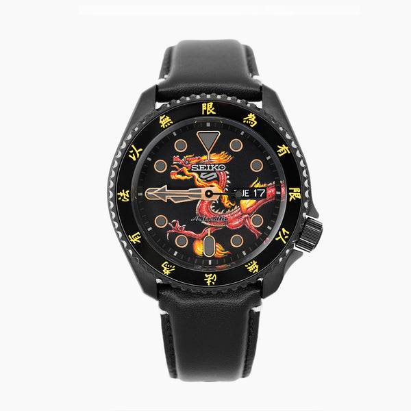 Custom Seiko 5 Sports 55th Anniversary Bruce Lee Limited Edition watch featuring hand-painted dragon design by IFL Watches, bespoke timepiece with black leather and yellow nylon straps.