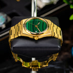 Malachite Gold Concept – Custom natural malachite stone dial on gold-tone stainless steel watch, bespoke timepiece by IFL Watches