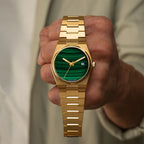 Malachite Gold Concept – Custom natural malachite stone dial on gold-tone stainless steel watch, bespoke timepiece by IFL Watches