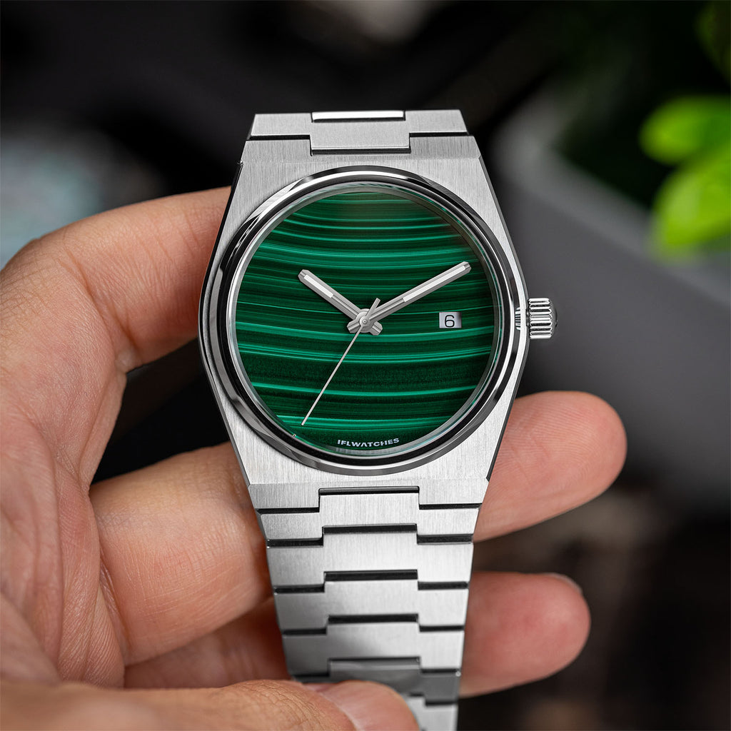 Malachite Steel Concept – Custom natural malachite stone dial on stainless steel watch, bespoke timepiece by IFL Watches