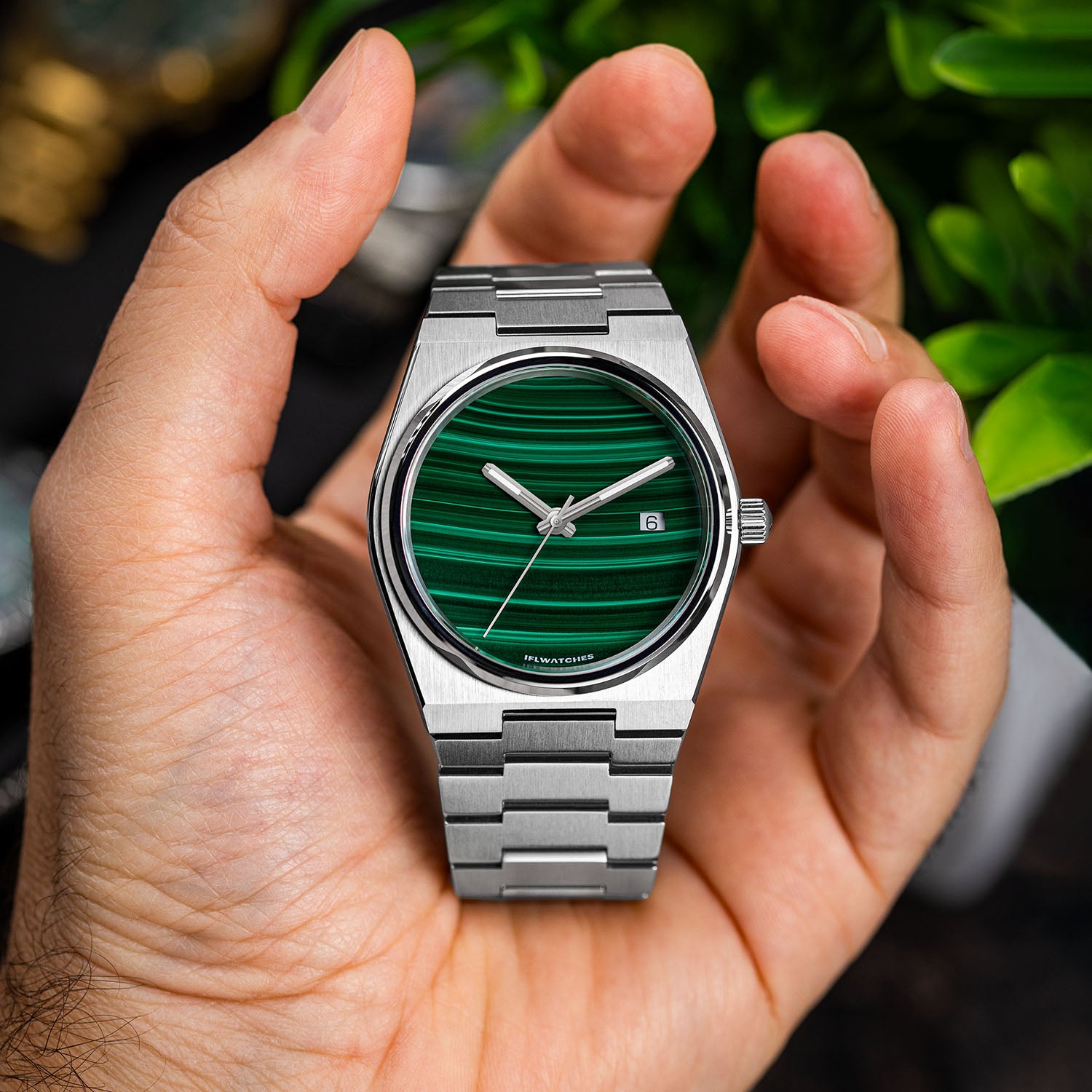 Malachite Steel Concept – Custom natural malachite stone dial on stainless steel watch, bespoke timepiece by IFL Watches