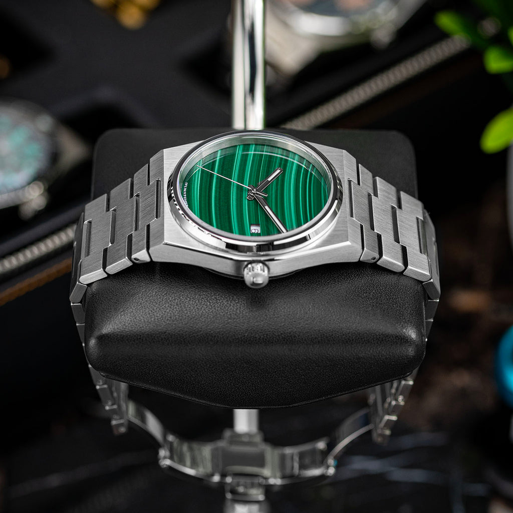 Malachite Steel Concept – Custom natural malachite stone dial on stainless steel watch, bespoke timepiece by IFL Watches