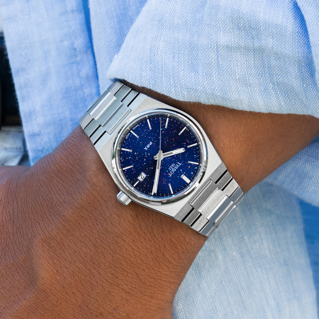 PRX Midnight Sky Concept – hand-painted custom Tissot PRX Blue Dial 35mm watch with abstract artwork, limited edition by IFL Watches.