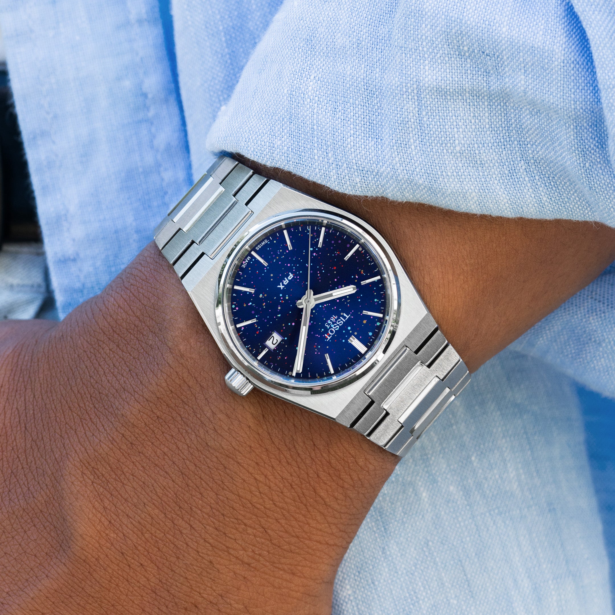 PRX Midnight Sky Concept – hand-painted custom Tissot PRX Blue Dial 35mm watch with abstract artwork, limited edition by IFL Watches.