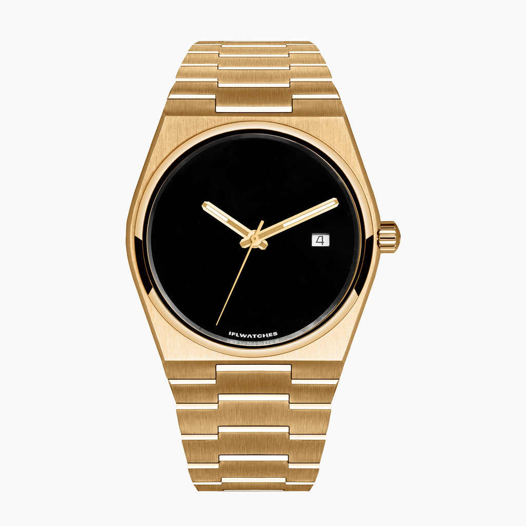 Onyx Gold Concept – Custom natural black onyx stone dial on gold-tone stainless steel watch, custom timepiece by IFL Watches