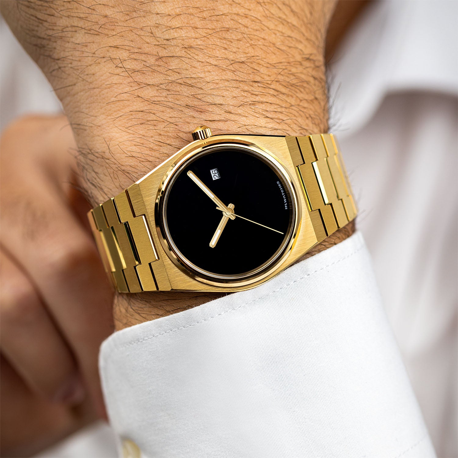 Onyx Gold Concept – Custom natural black onyx stone dial on gold-tone stainless steel watch, custom timepiece by IFL Watches