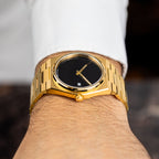 Onyx Gold Concept – Custom natural black onyx stone dial on gold-tone stainless steel watch, custom timepiece by IFL Watches