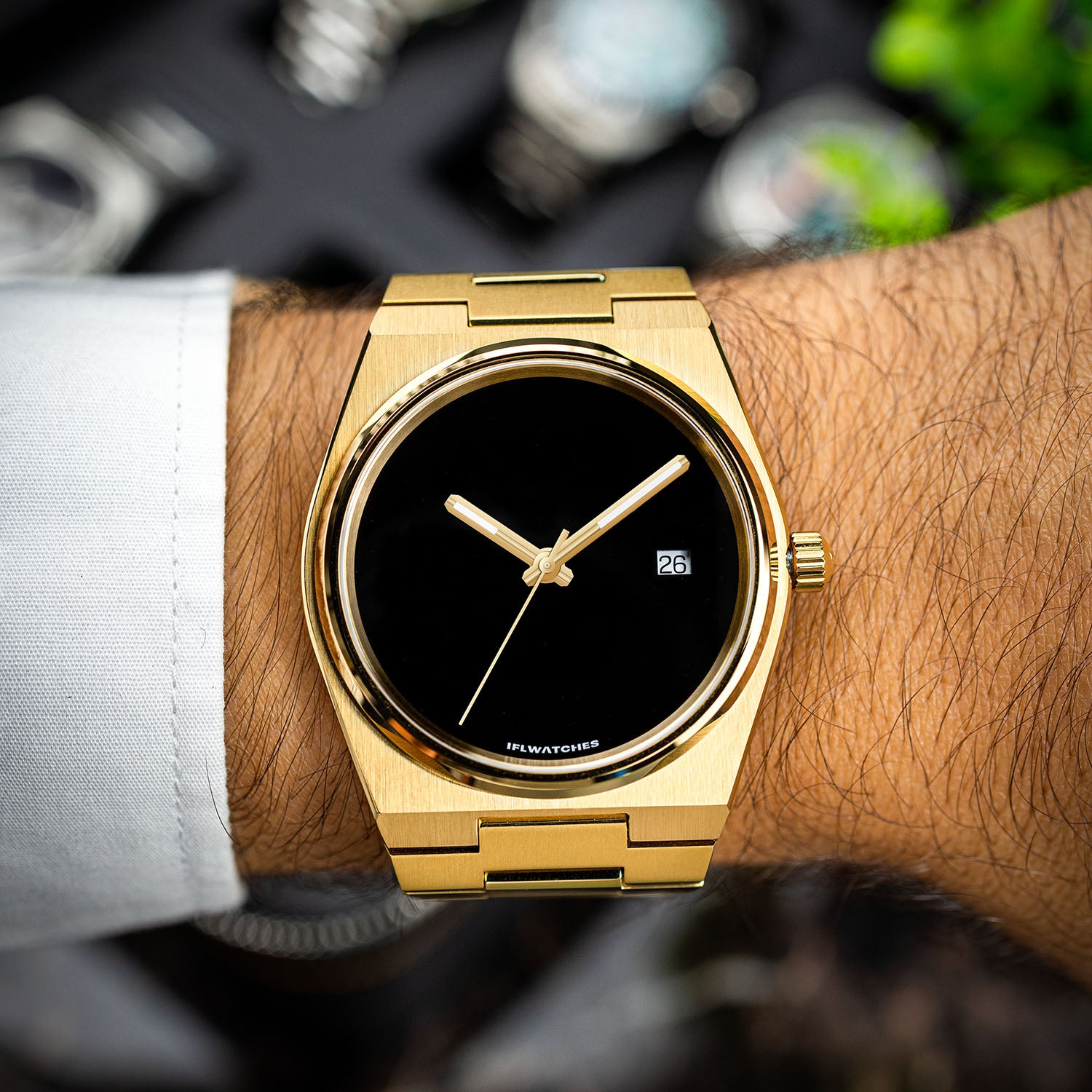 Onyx Gold Concept – Custom natural black onyx stone dial on gold-tone stainless steel watch, custom timepiece by IFL Watches