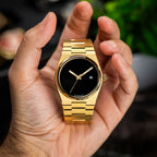 Onyx Gold Concept – Custom natural black onyx stone dial on gold-tone stainless steel watch, custom timepiece by IFL Watches