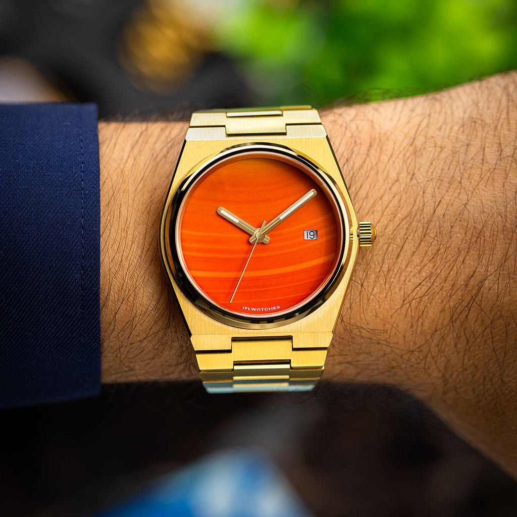 Red Agate Gold Concept – Custom natural red agate stone dial on gold-tone stainless steel watch, bespoke timepiece by IFL Watches