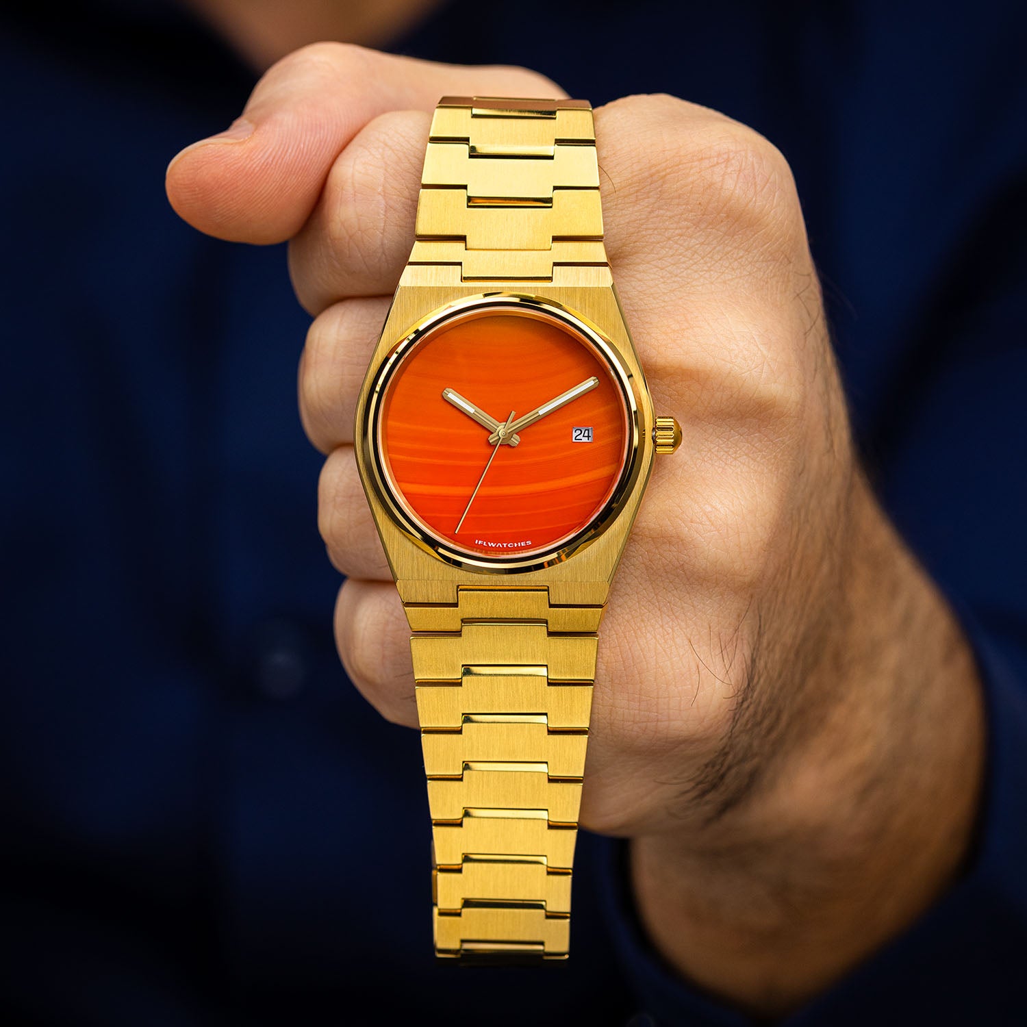 Red Agate Gold Concept – Custom natural red agate stone dial on gold-tone stainless steel watch, bespoke timepiece by IFL Watches