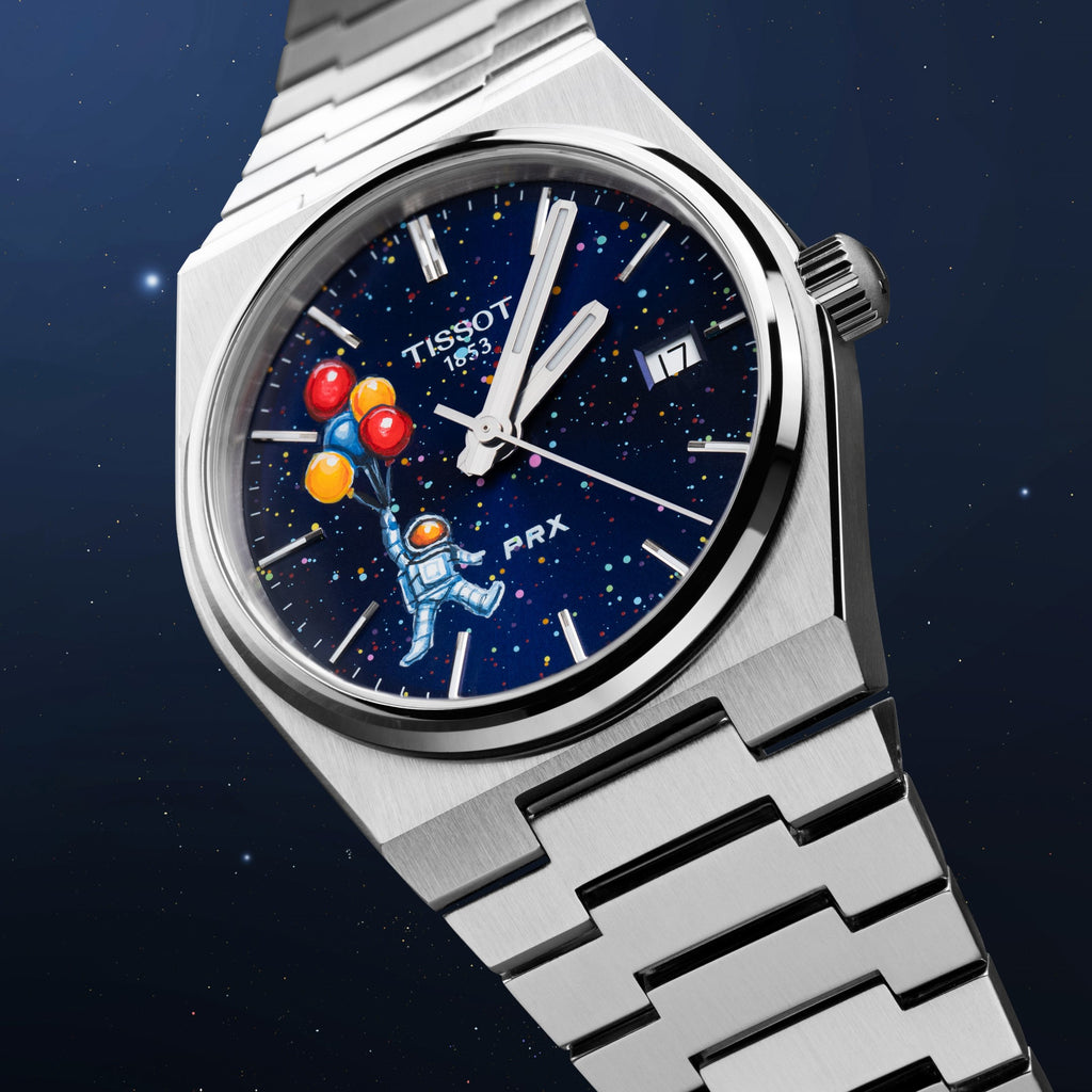 PRX Spaceman Concept – hand-painted custom Tissot PRX 35mm watch with playful astronaut and balloon artwork, limited edition by IFL Watches.
