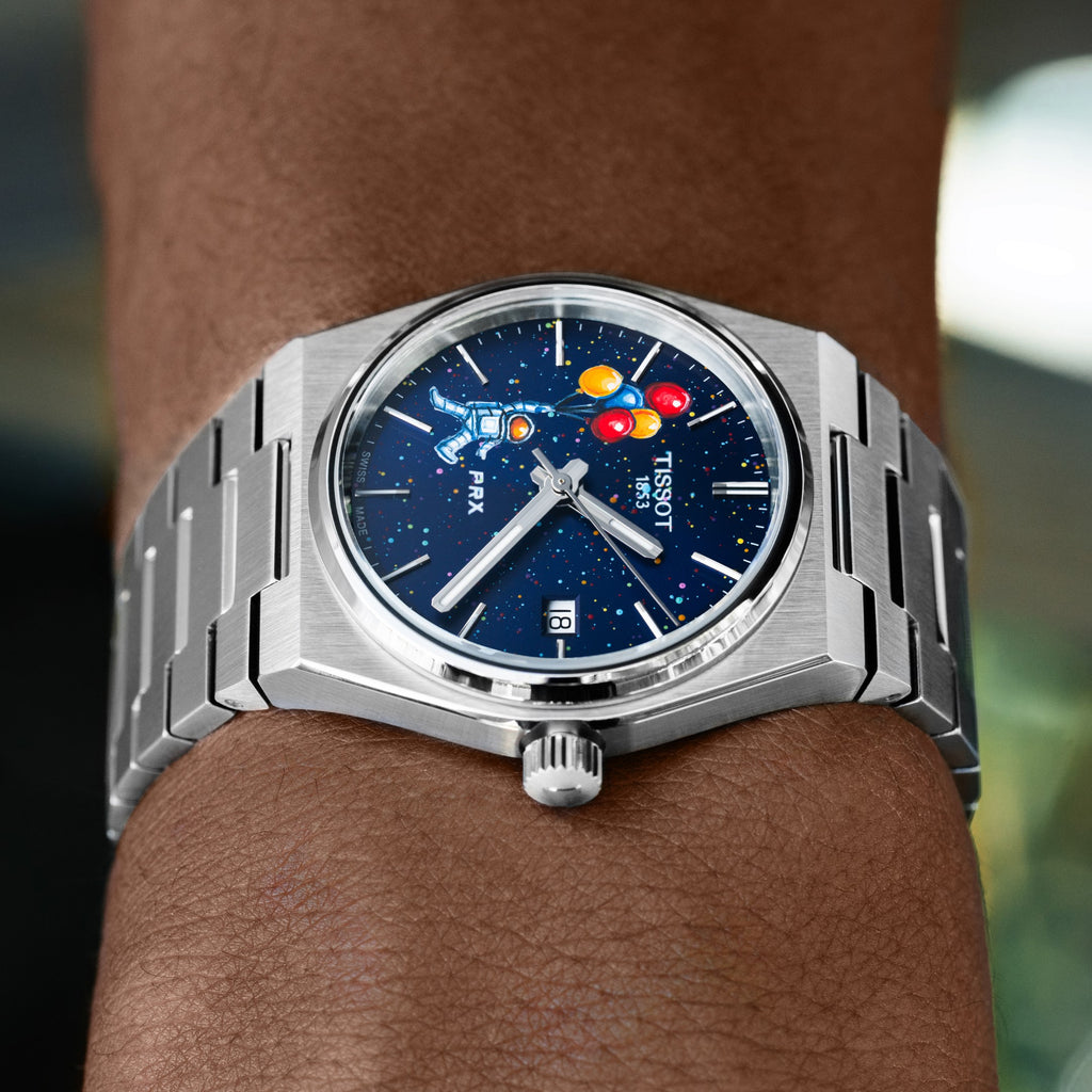 PRX Spaceman Concept – hand-painted custom Tissot PRX 35mm watch with playful astronaut and balloon artwork, limited edition by IFL Watches.