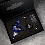 Mecha Ray Blue — the pre-assembled version in its presentation case with stand column and parts tray, motorised metal sculpture by IFL Watches.