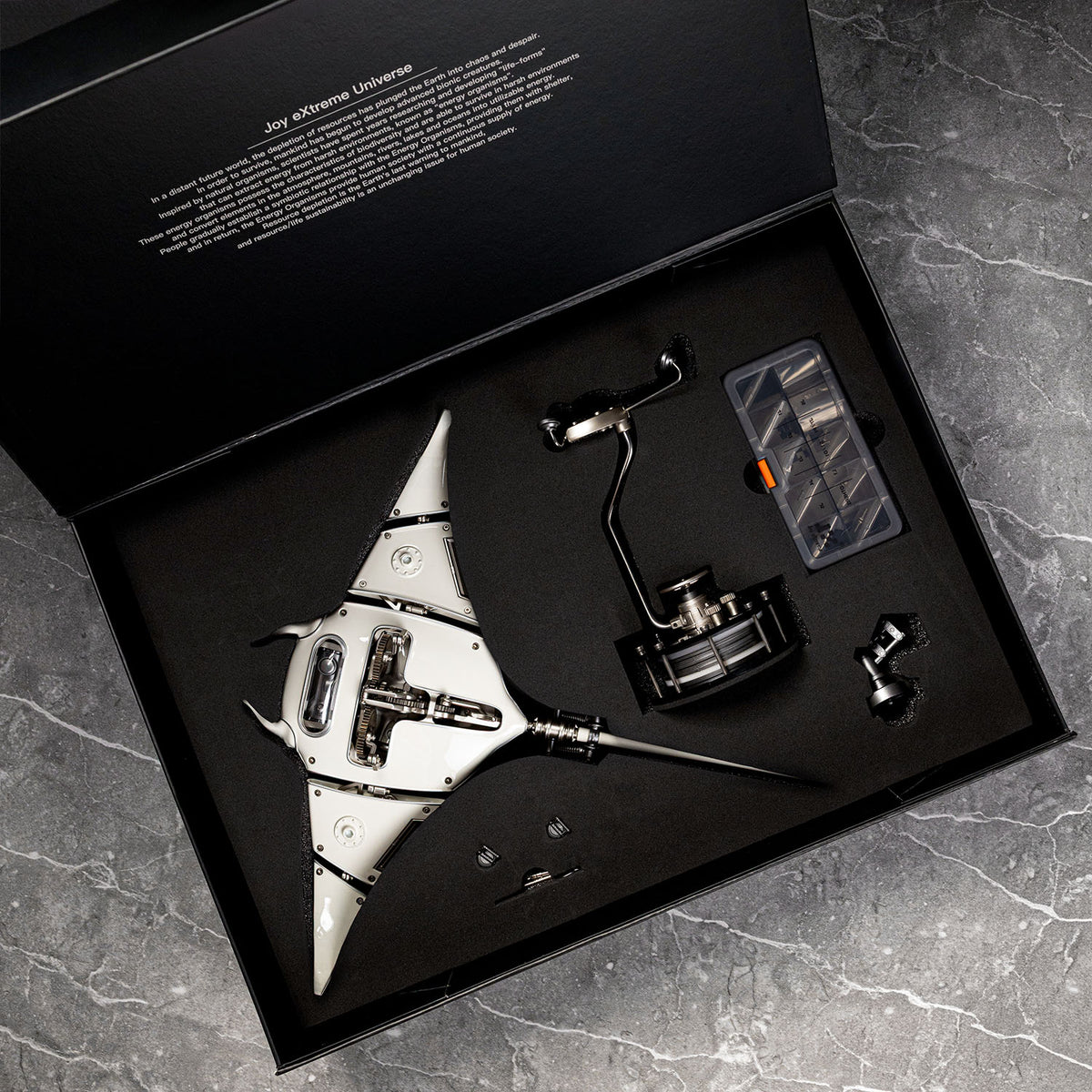Mecha Ray White — the pre-assembled version in its presentation case with stand column and parts tray, motorised metal sculpture by IFL Watches.