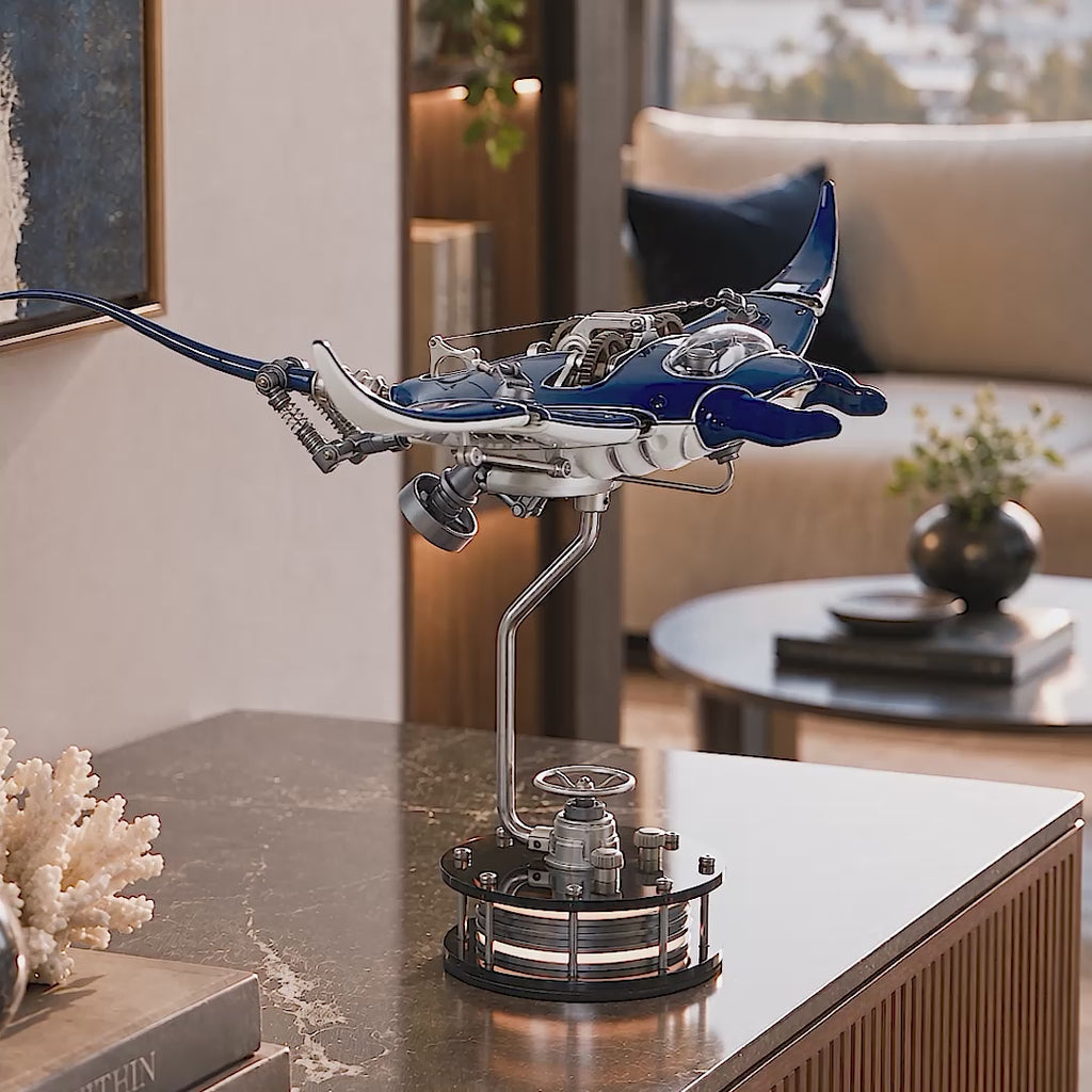 Mecha Ray Blue — the manta in motion on its stand on a marble side table, with close-ups of the gear train, sprung wing linkage and lacquered bodywork, kinetic metal sculpture by IFL Watches.